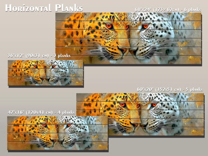 Leopard Couple Print on Natural Wood, Majestic Wildlife Romantic Wall Art