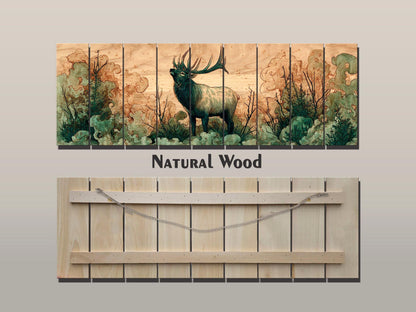 Elk Print On Wood – Rustic Wood Art With Misty Forest Wall Painting & Wildlife Decor