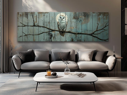 Wood Wall Art – Rustic Owl on Branch Print | Natural Wood Plank Decor