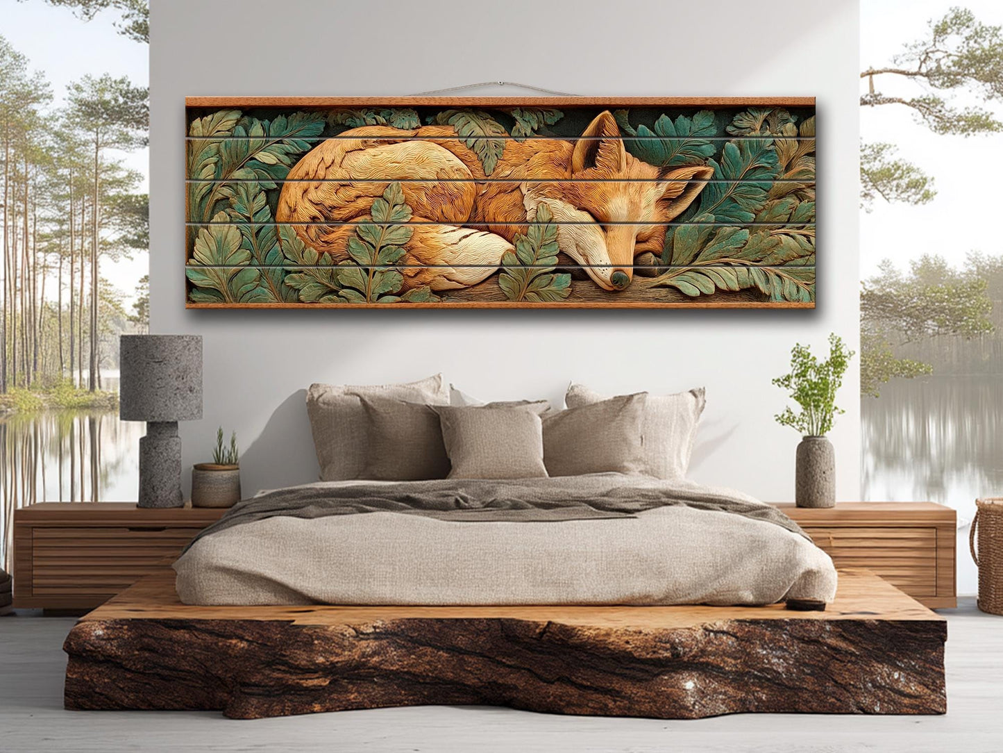 Fox Print On Wood - Rustic Woodland Wall Decor With Beige Green Planks