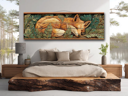 Fox Print On Wood - Rustic Woodland Wall Decor With Beige Green Planks