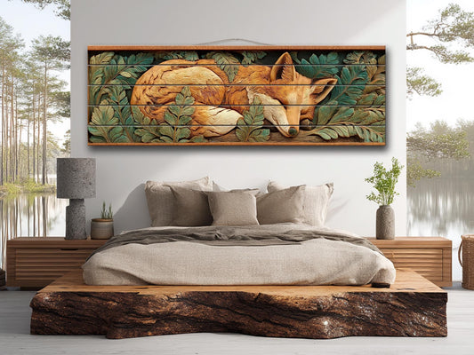 Fox Print On Wood - Rustic Woodland Wall Decor With Beige Green Planks
