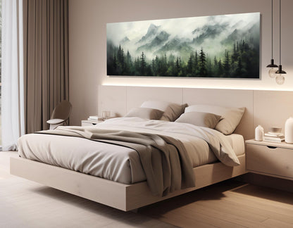 Misty Mountain Forest Canvas – Foggy Pine Trees Painting | Framed & Ready to Hang