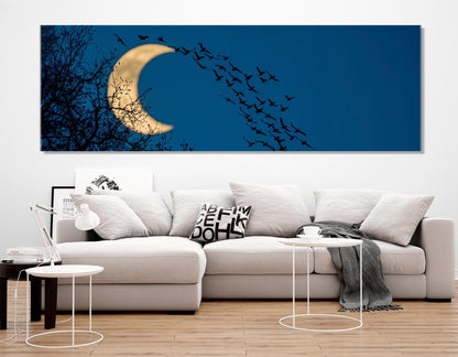Abstract Night Sky Canvas – Framed Cotton Print with Crescent Moon Art & Birds