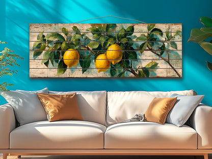 Wood Wall Art – Mediterranean Lemon Tree Painting Printed on Natural Wood, Rustic Lemon Tree Print, Cabin Wall Decor, Kitchen Wall Art