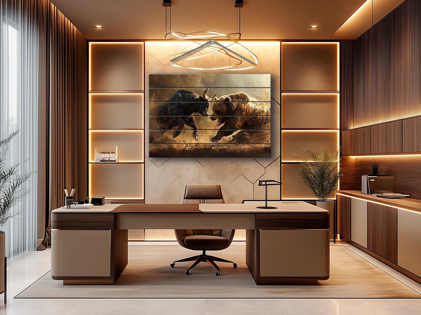 Rustic Wood Wall Art – Bull and Bear Art on UV Printed Wood for Trader Office Decor