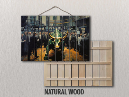 Wall Street Bull Painting – Rustic Wood Wall Art | Charging Bull Print, Trader Gift