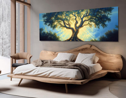 Abstract Glowing Tree Canvas Print, Fantasy Tree Painting, Meditation Wall Art, Large Tree in Sun Lights Poster, Framed and Ready to Hang