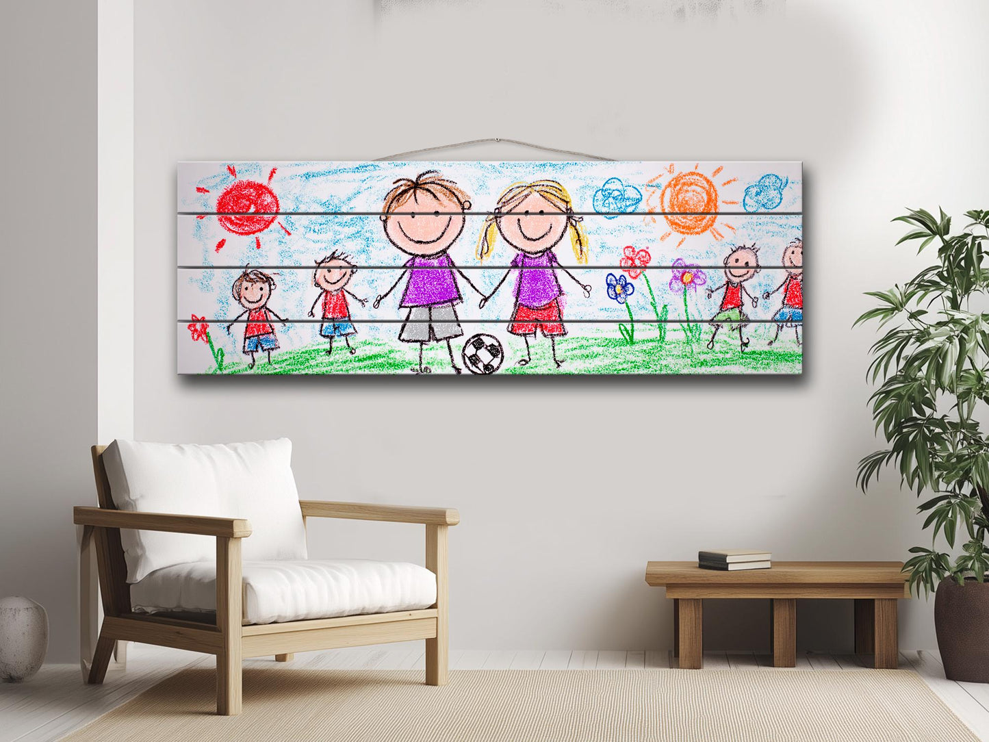 Family Crayon Art Print on Wood, Cute Kids Drawing, Rustic Nursery Wall Decor