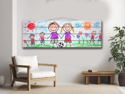 Family Crayon Art Print on Wood, Cute Kids Drawing, Rustic Nursery Wall Decor