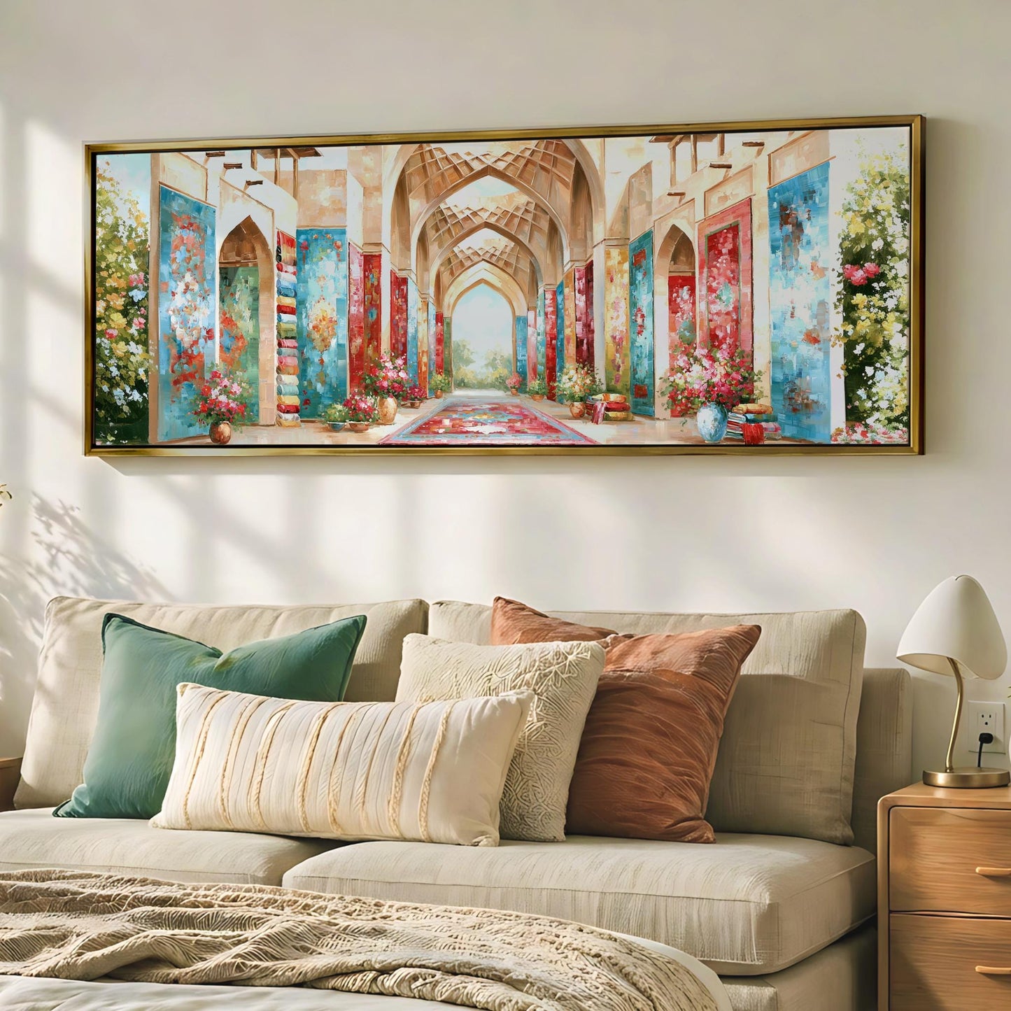 a large, colorful painting of an ornate hallway or corridor, hanging on a wall above a beige sofa with decorative pillows.