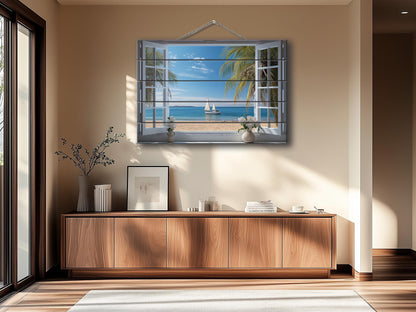Wood Wall Art – Open Window Sea View Painting on Natural Wood Planks | Nautical Decor