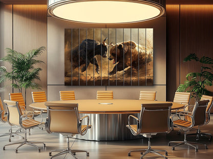 Rustic Wood Wall Art – Bull and Bear Art on UV Printed Wood for Trader Office Decor