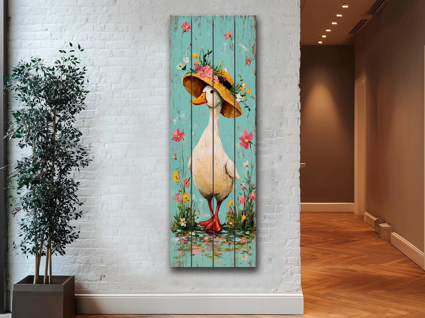 Rustic Wood Wall Art – Country Duck in Hat Printed on Wood – Rustic Spring Wall Art – Farmhouse Animal Decor