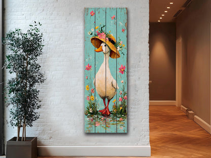 Rustic Wood Wall Art – Country Duck in Hat Printed on Wood – Rustic Spring Wall Art – Farmhouse Animal Decor