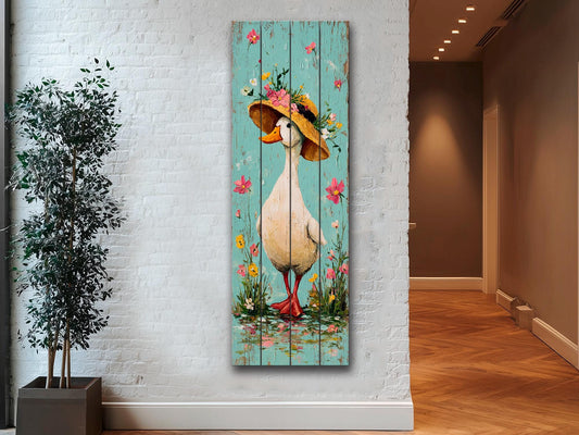 Rustic Wood Wall Art – Country Duck in Hat Printed on Wood – Rustic Spring Wall Art – Farmhouse Animal Decor