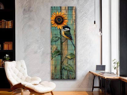 Wood Wall Art – Rustic Chickadee Bird Painting on Sunflower Plank Decor