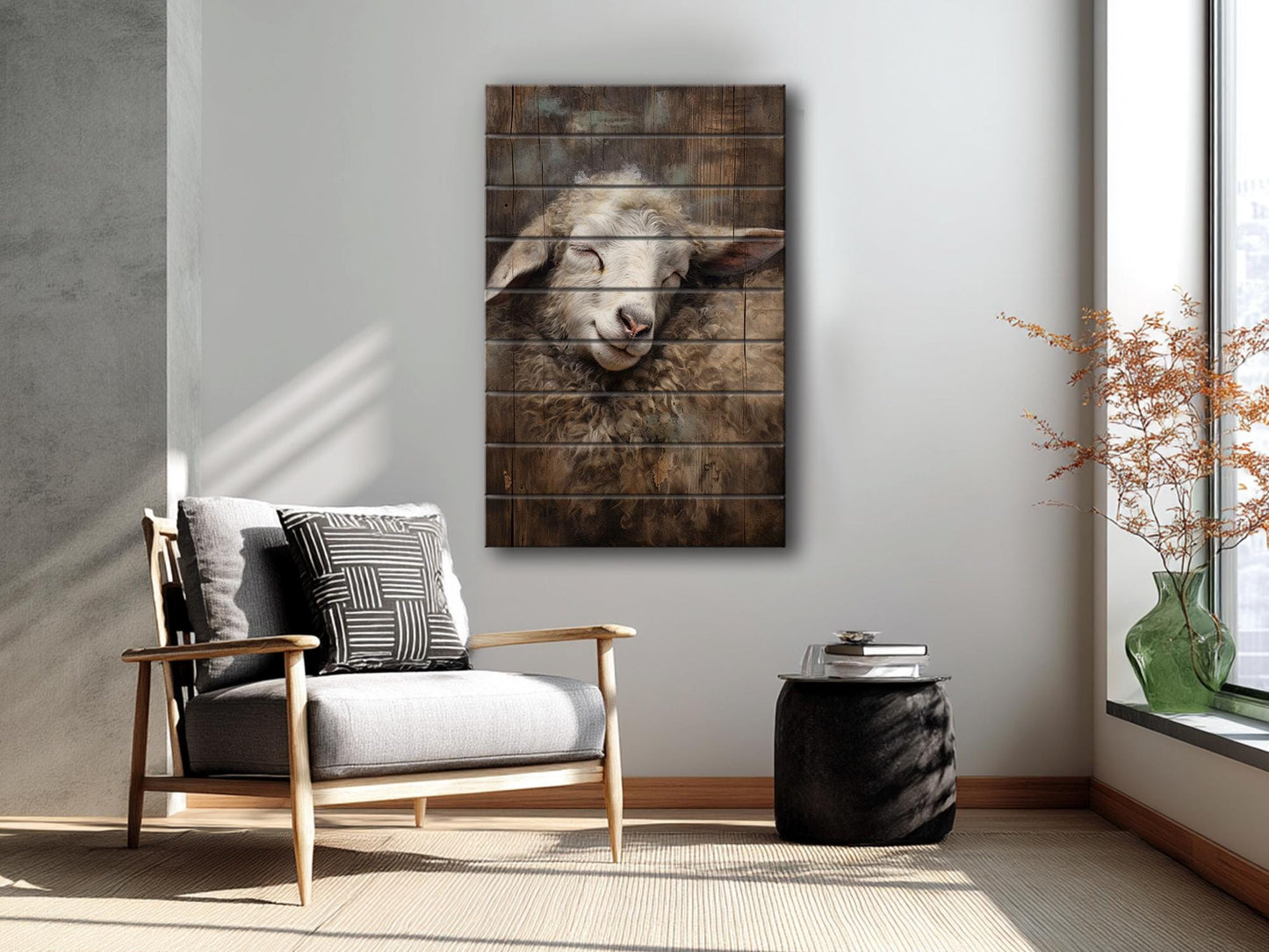 Sheep Sleeping Print on Natural Wood – Religious Wall Art