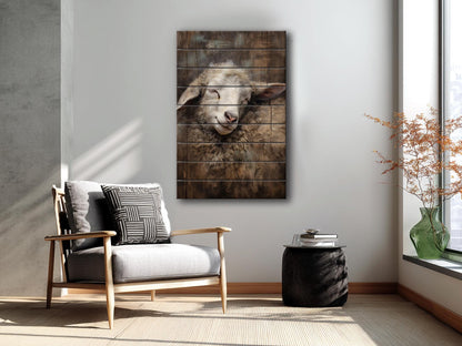 Sheep Sleeping Print on Natural Wood – Religious Wall Art