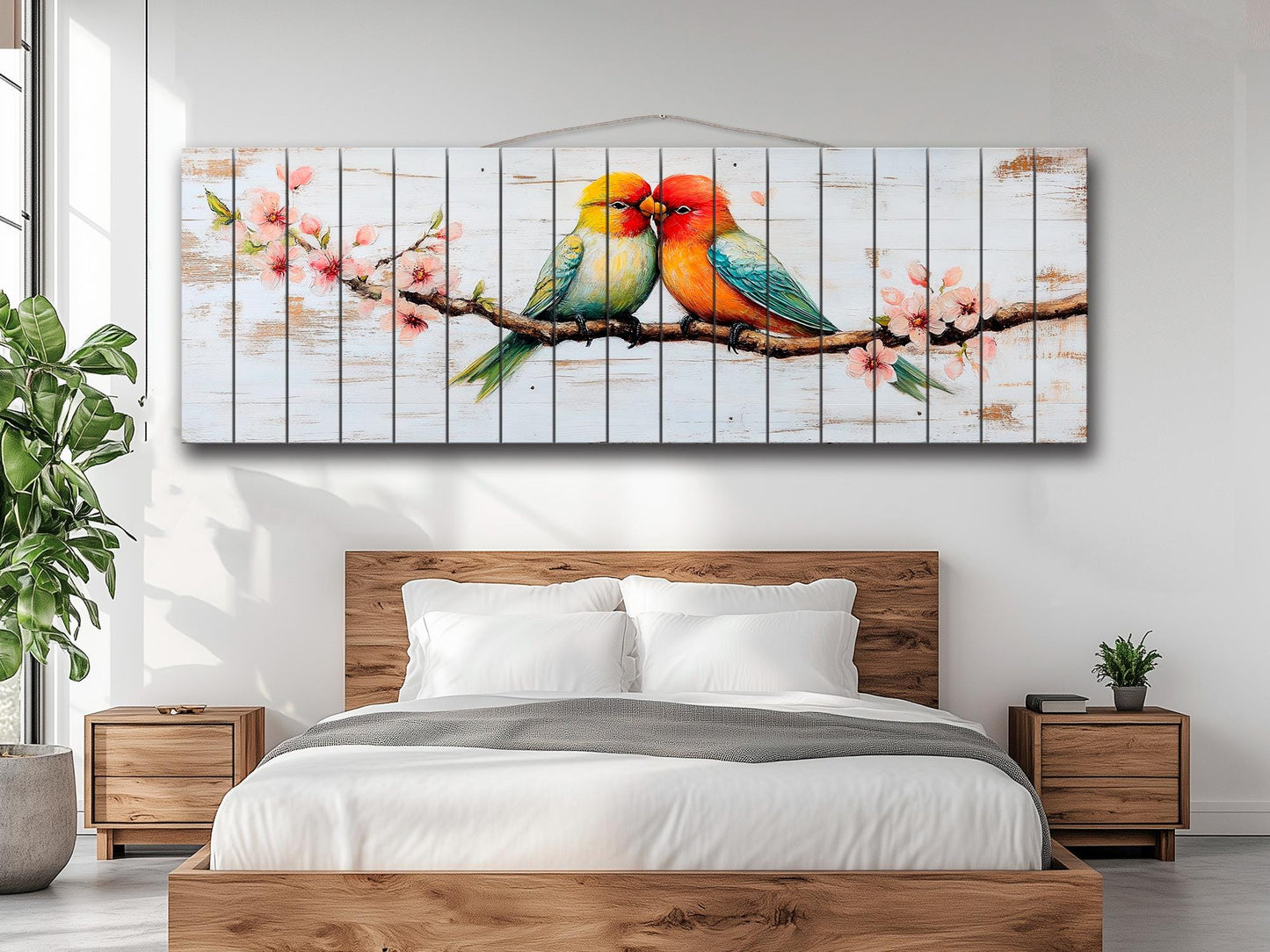 Lovebirds Wood Wall Art – Romantic Cherry Tree Artwork | Rustic Bedroom Decor