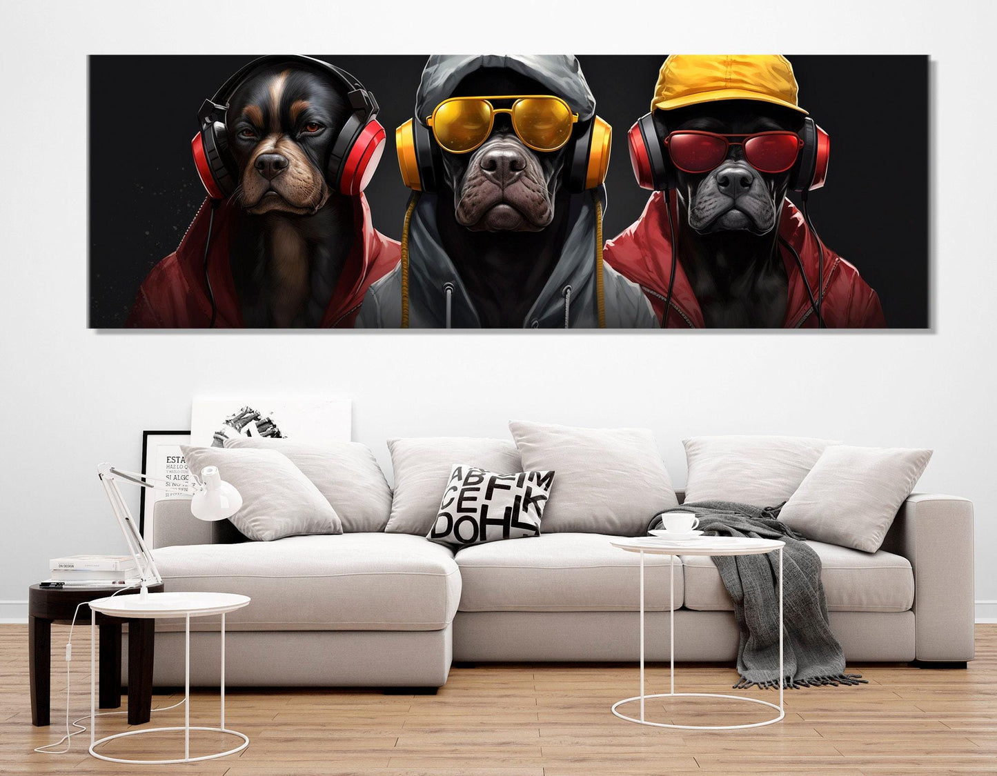 Dogs in Headphones Canvas – Modern Pet Artwork | Floating Frame Canvas, Cool Dogs Wall Decor