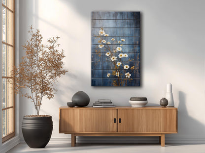 Rustic Floral Wall Art - White Blossoms Print on Natural Wood Plank Art