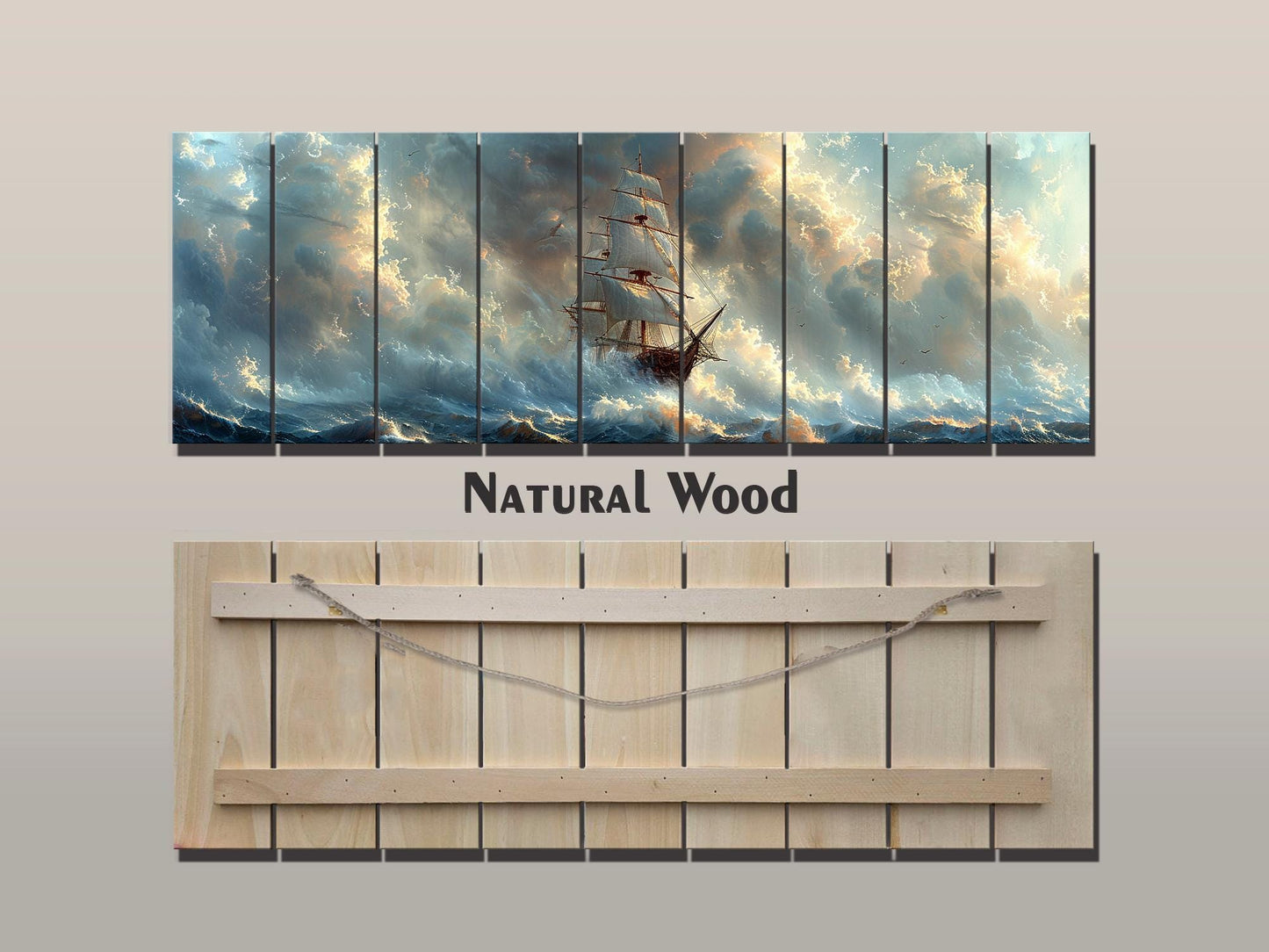 Wood Wall Art – Vintage Sailing Boat Stormy Sea Painting on Natural Wood Planks