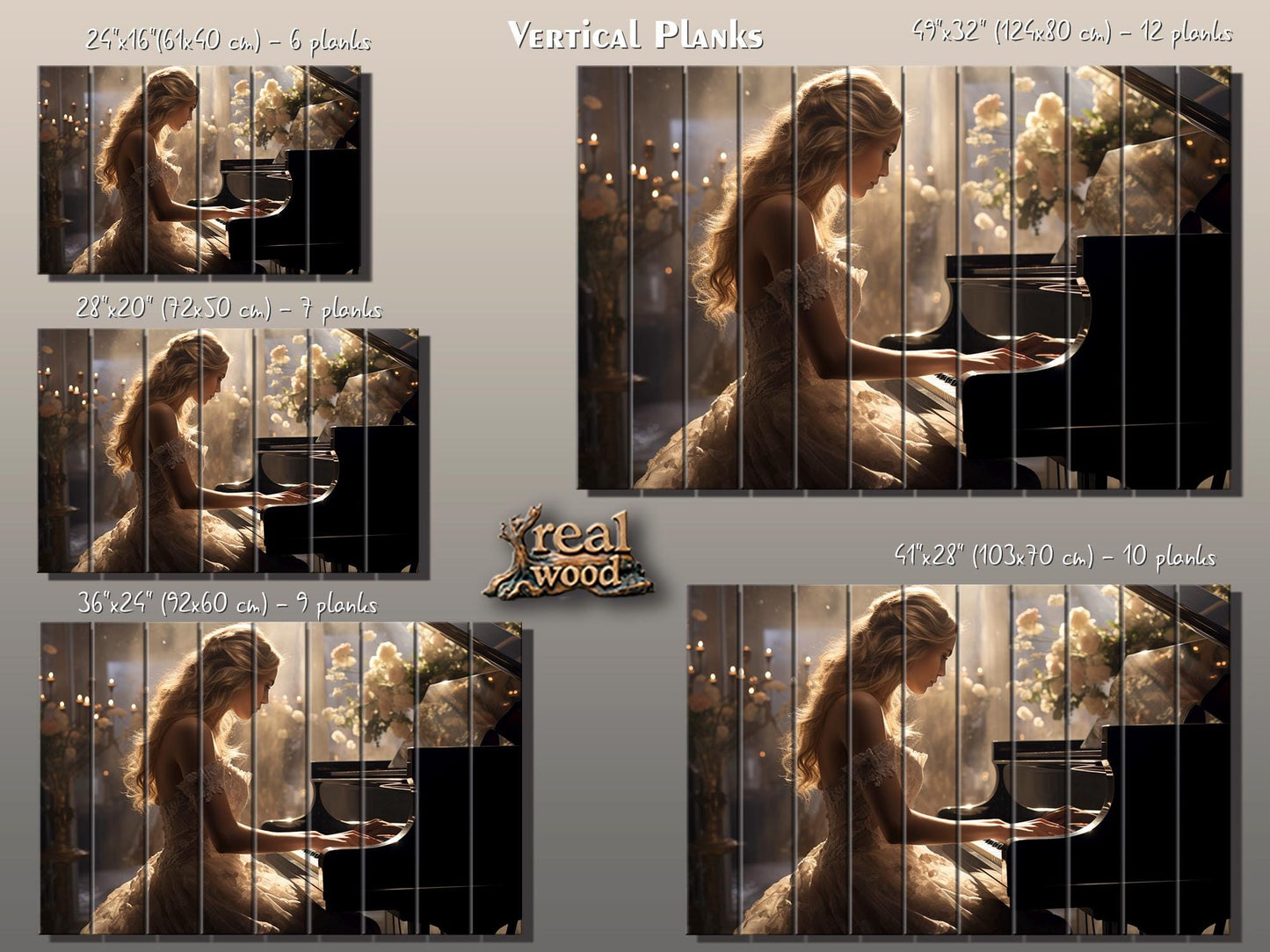 Rustic Piano Wall Art - Wooden Piano Print of Pianist Girl, Framed & Ready to Hang