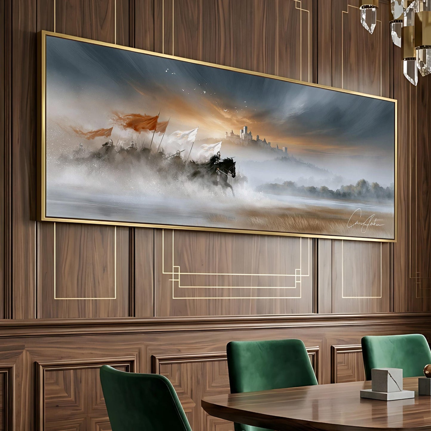 a large, framed painting of a landscape with a horse and carriage in the foreground, hanging on a wooden wall.