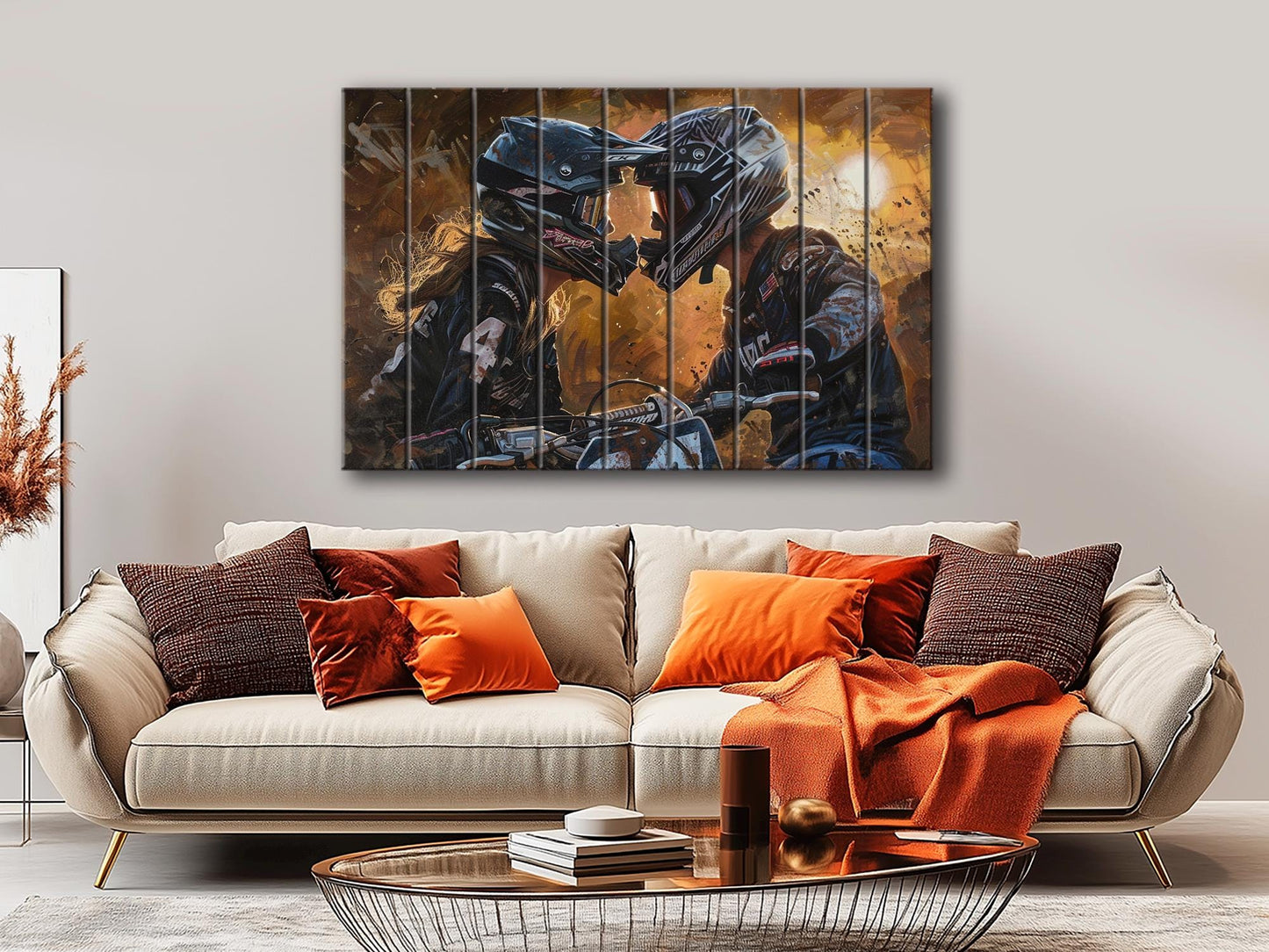 Motocross Wood Art - Couple Bikers Kissing Print on Natural Wood Plank
