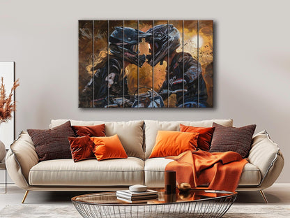 Motocross Wood Art - Couple Bikers Kissing Print on Natural Wood Plank