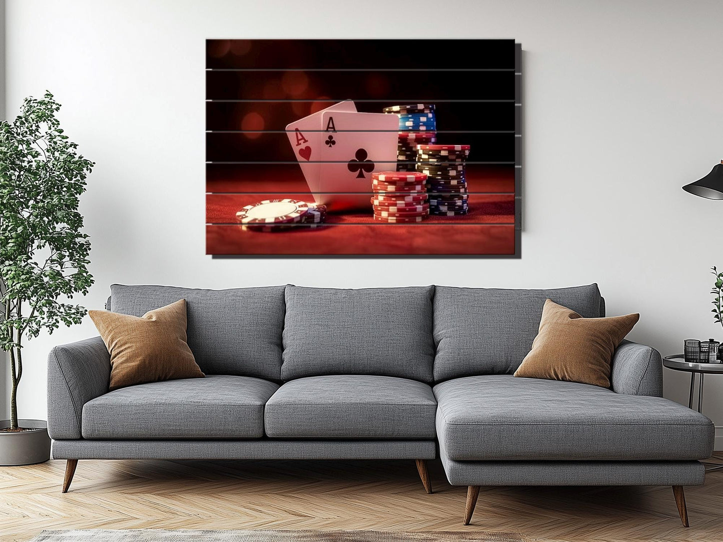 Poker Chips Wall Art – Rustic Wood Print | Casino Game Artwork on Wood Planks