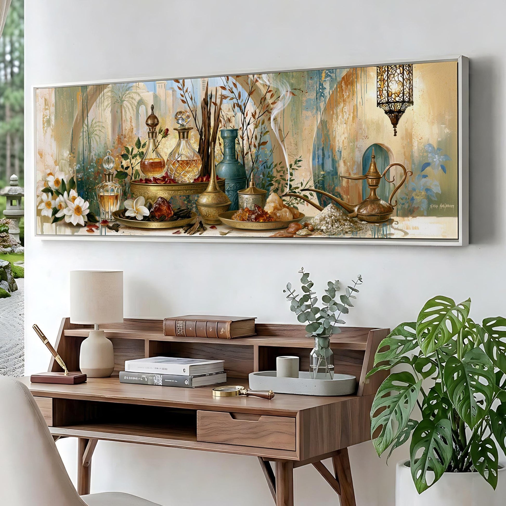 a large painting of various objects, including vases, books, and other decorative items, displayed on a wall above a wooden desk with a lamp and other accessories.