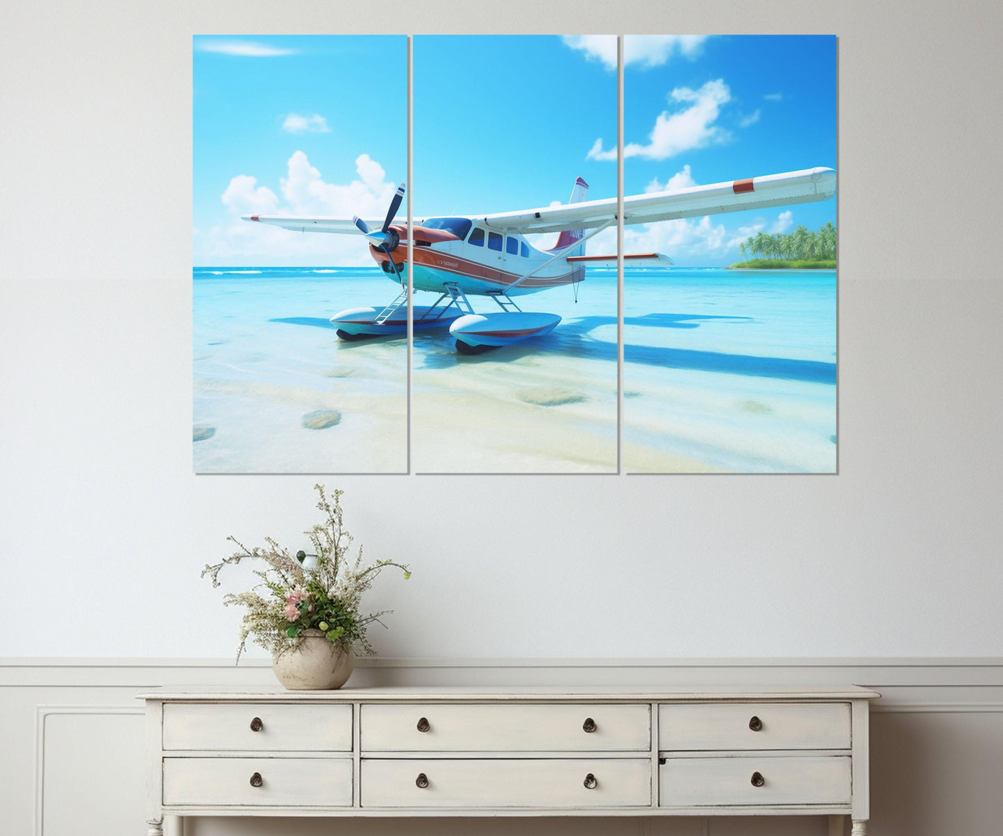 Maldives Beach Canvas Seaplane Wall Art – Framed Floating Frame, Ready to Hang
