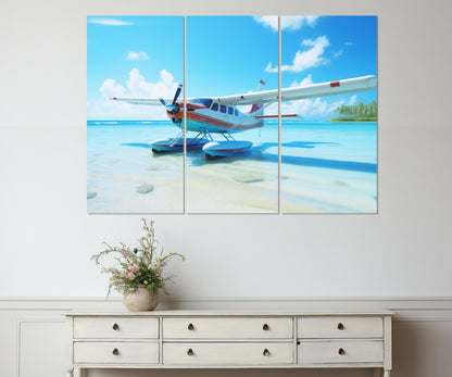 Maldives Beach Canvas Seaplane Wall Art – Framed Floating Frame, Ready to Hang