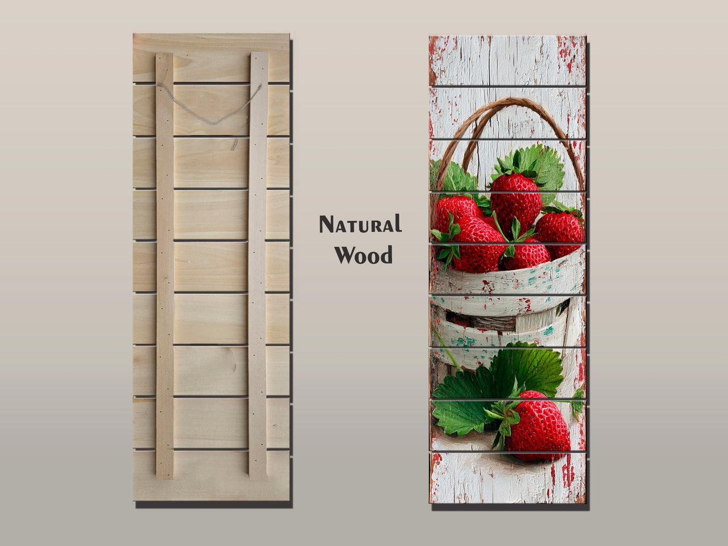 Rustic Wood Wall Art – Strawberry Basket Print | Farmhouse Wall Decor & Cozy Kitchen Decoration