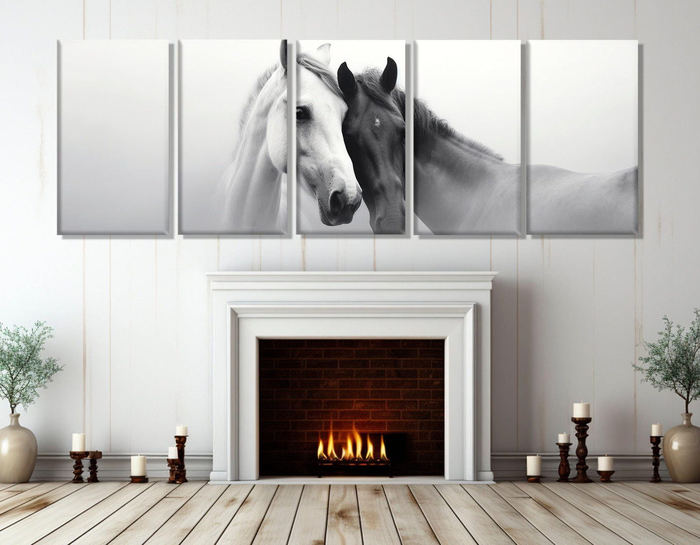 Horses Canvas Print – Black and White Horses in Love Romantic Wall Art, Large Cotton Canvas