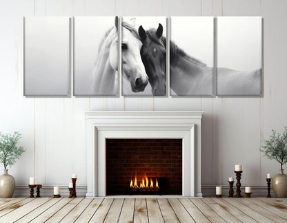 Horses Canvas Print – Black and White Horses in Love Romantic Wall Art, Large Cotton Canvas