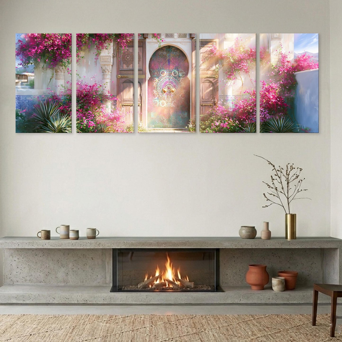 a cozy living room with a fireplace, a wooden shelf with decorative items, and a large wall art depicting a vibrant garden scene with pink flowers and a colorful archway.