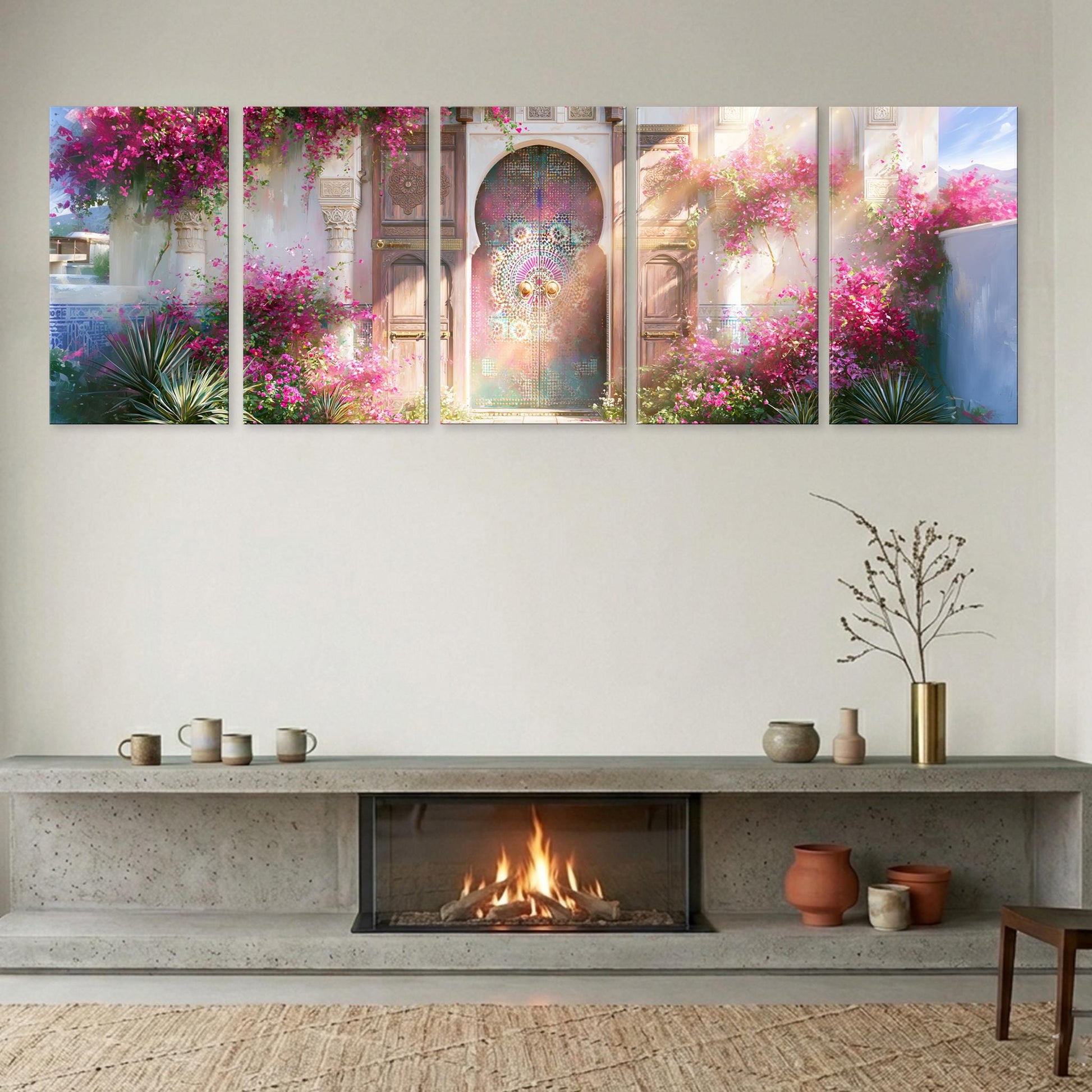 a cozy living room with a fireplace, a wooden shelf with decorative items, and a large wall art depicting a vibrant garden scene with pink flowers and a colorful archway.