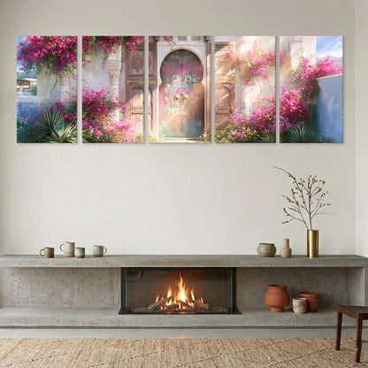 a cozy living room with a fireplace, a wooden shelf with decorative items, and a large wall art depicting a vibrant garden scene with pink flowers and a colorful archway.