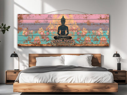 Wood Wall Art – Peaceful Buddha Silhouette with Lotus Flowers Print on Natural Wood, Buddhist Wall Decor, Buddha Painting, Buddhist Gift