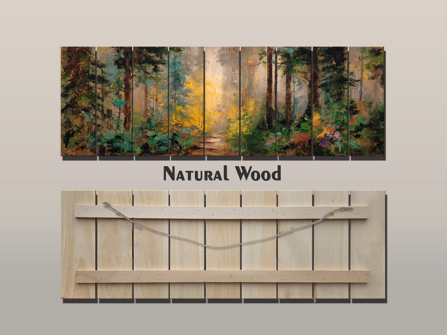 Mystical Forest Path Bathed in Golden Morning Light Print on Wood, Rustic Forest Painting, Cozy Cabin Wall Decor, Wood Wall Art