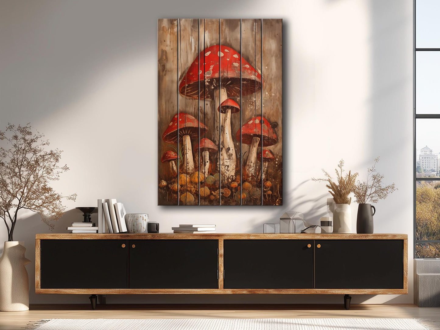 Rustic Mushroom Wall Art – Natural Wood Print | Forest Garden Decor