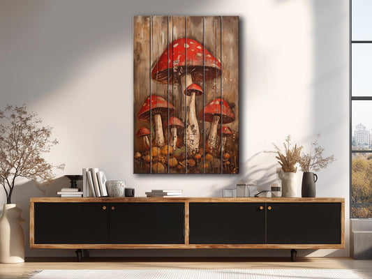 Rustic Mushroom Wall Art – Natural Wood Print | Forest Garden Decor