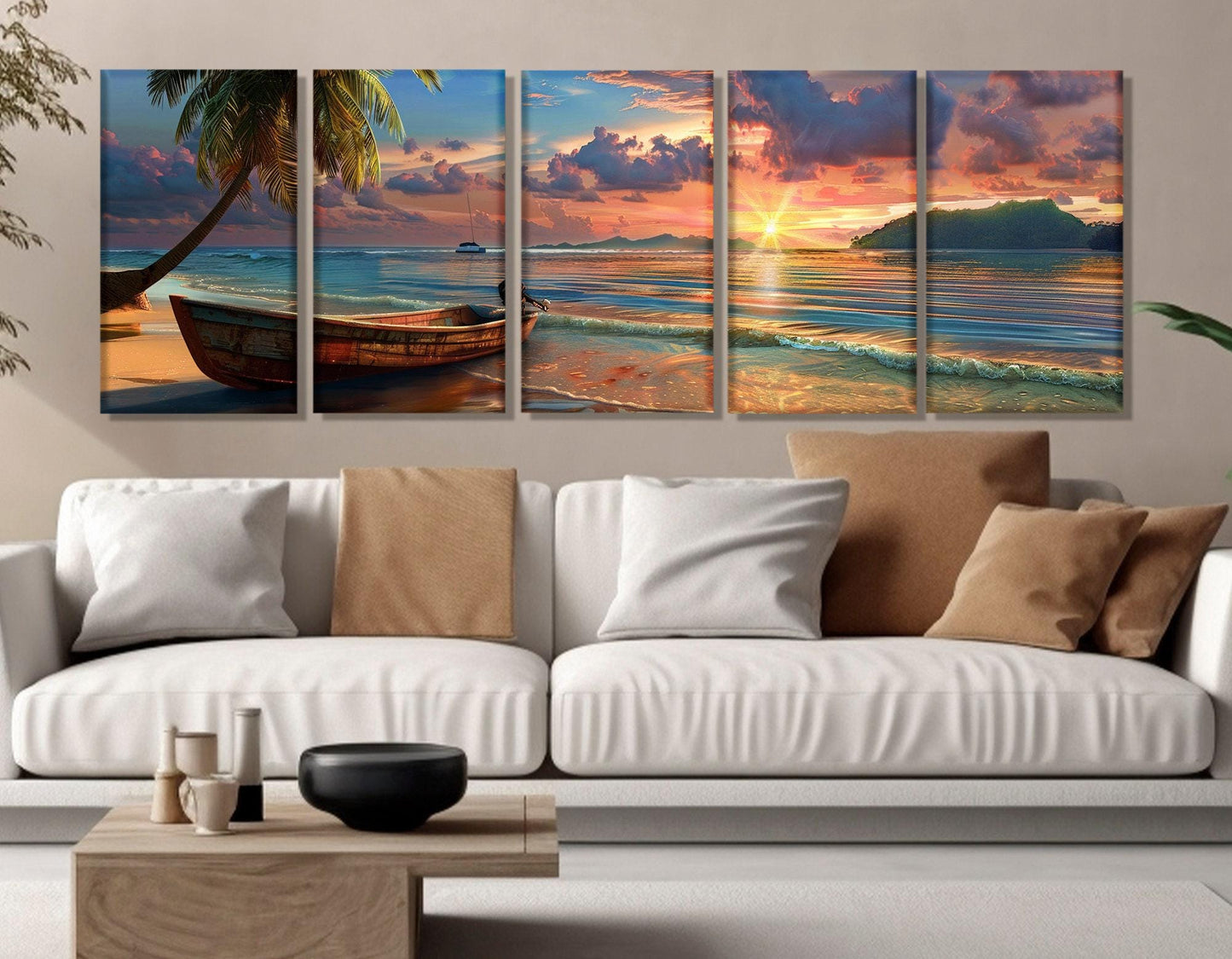 Beach Sunset Canvas Print – Vintage Boat Wall Art | Framed Canvas Art, Ready to Hang