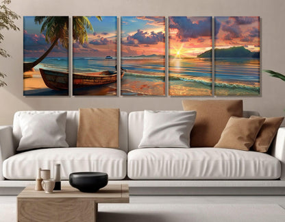Beach Sunset Canvas Print – Vintage Boat Wall Art | Framed Canvas Art, Ready to Hang