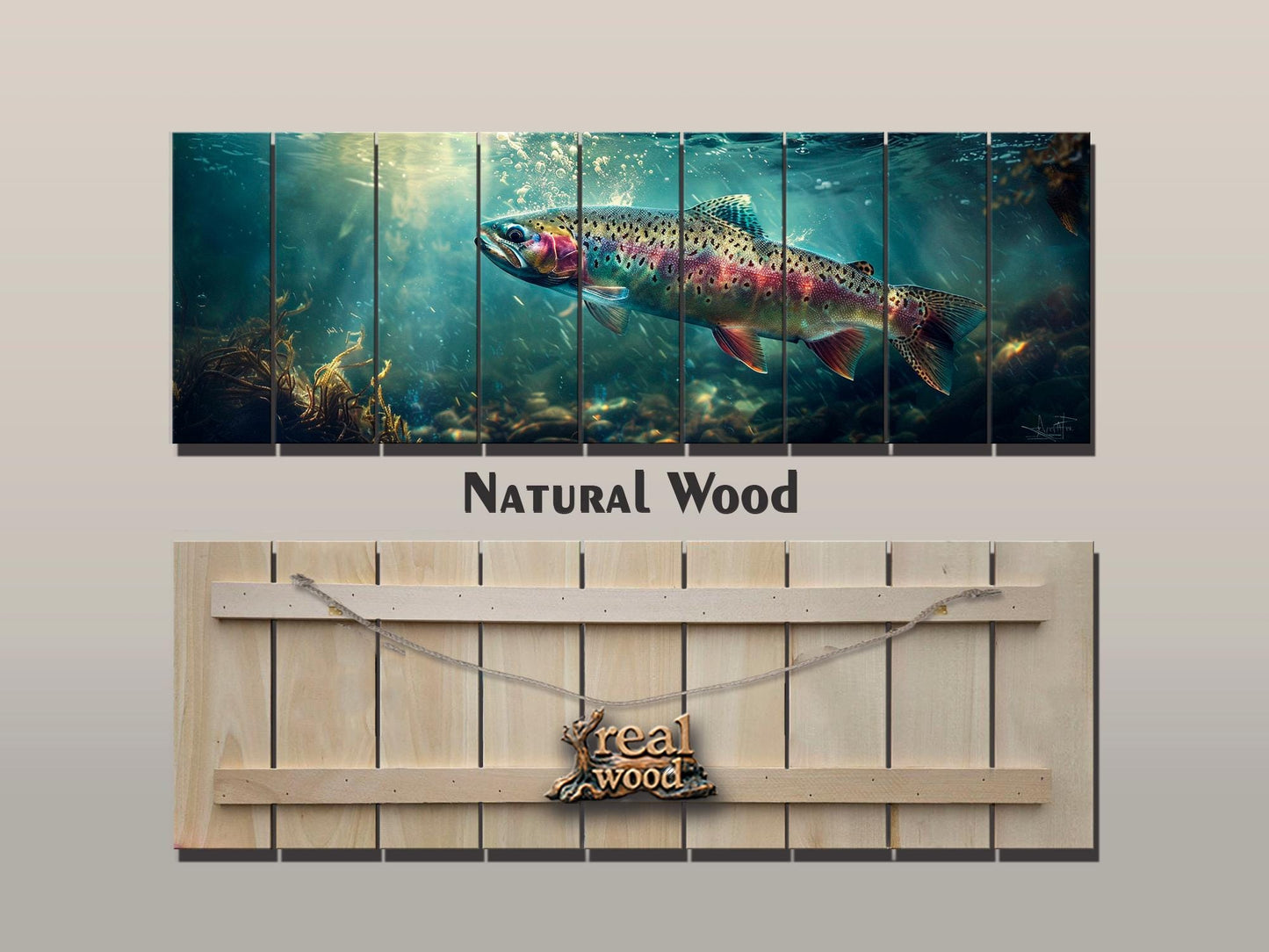 Rainbow Trout Wall Art – Wooden Wall Decor | Abstract Fish Poster on Wood Planks
