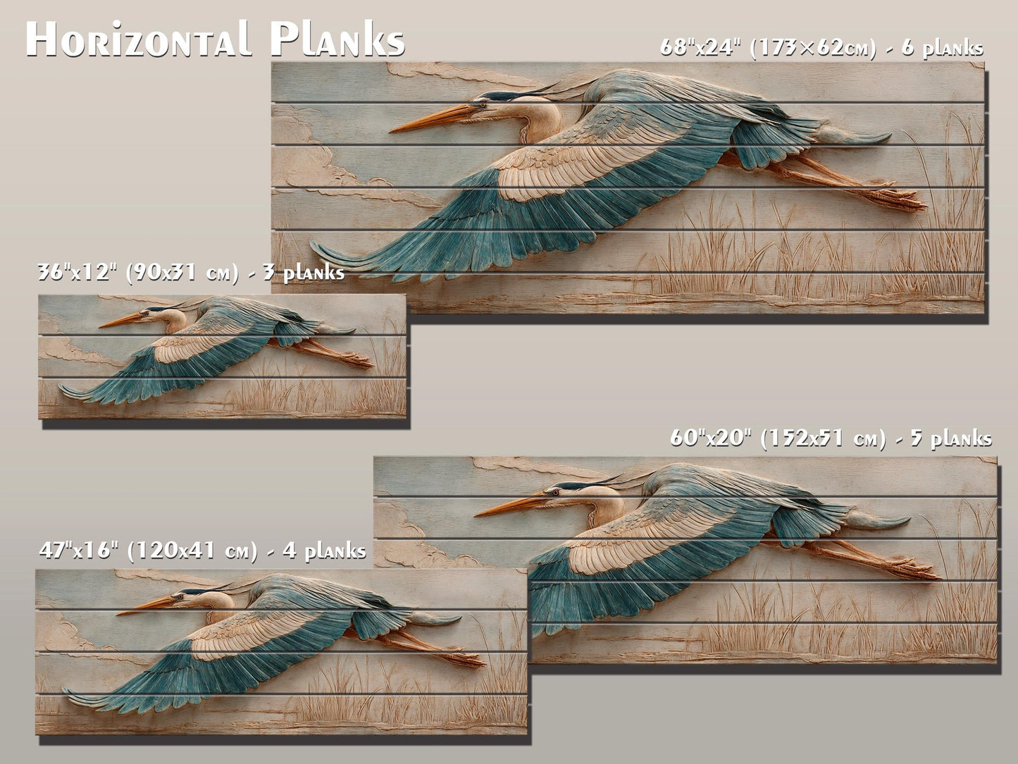Heron Wood Wall Art - Rustic Nature Decor | Elegant Bird Poster on Wood Plank