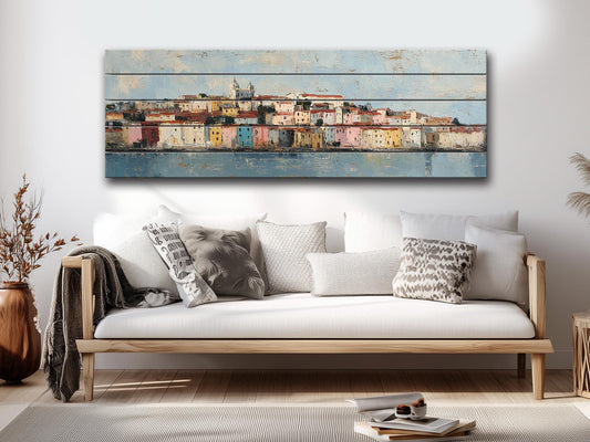 Lisbon Wood Print – Rustic Wall Art with Pastel Houses & Beige Sunlight on Distressed Wood